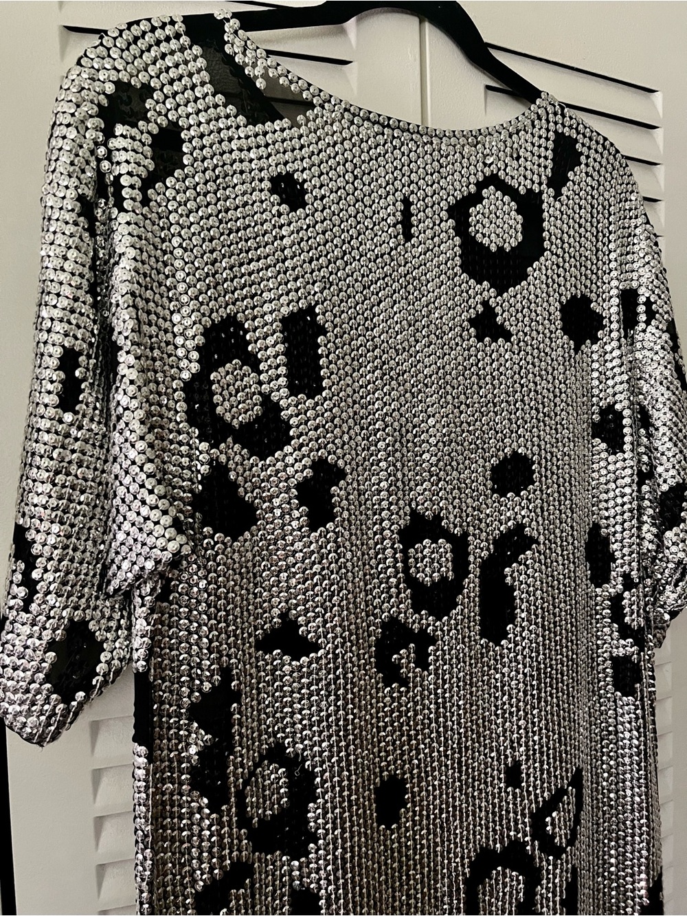 Vintage 100% Silk. Sheer Black with Silver Sequined Leopard-Print Dress